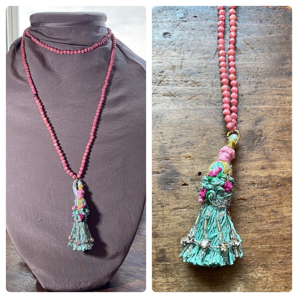 BEAD & TASSEL Vintage & New Longline Necklace, Pink & Aqua w/ Diamonds